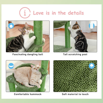 33" Cactus Cat Scratching Post Large Cat Scratcher with Big Hammock for Indoor Pet Green